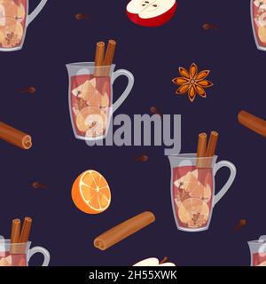 Motif de vin chaud.Fond sombre sans couture avec ingrédients chauds pour boissons hivernales.Illustration vectorielle. Illustration de Vecteur