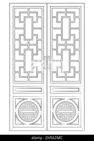 Dessin d'une porte chinoise classique - illustration en noir et blanc Illustration de Vecteur