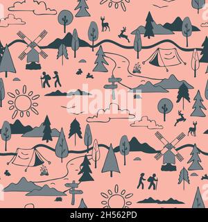 Motif vectoriel sans couture avec paysage de camping sur fond rose.Papier peint de randonnée d'été.Textile de mode décoratif de style de vie. Illustration de Vecteur