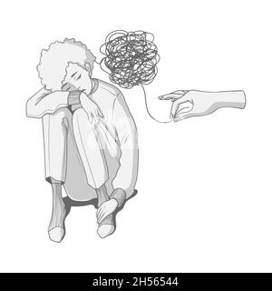 La main humaine aide la femme avec des problèmes mentaux.Aide psychologique pour les troubles mentaux concept.Illustration vectorielle dessinée à la main de l'émotion et du psycholo Illustration de Vecteur