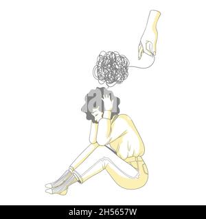 La main humaine aide la femme avec des problèmes mentaux.Aide psychologique pour les troubles mentaux concept.Illustration vectorielle dessinée à la main de l'émotion et du psycholo Illustration de Vecteur