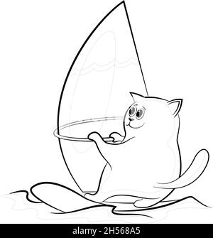 Dessin animé surfeur de chat voile sur les vagues de la mer, contours noirs isolés sur fond blanc.Vecteur Illustration de Vecteur