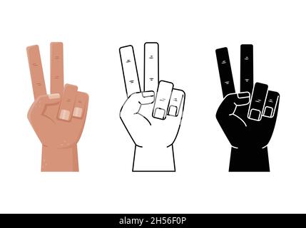 Ensemble vectoriel avec illustrations des gestes de la main - victoire.Style simple, contour et main de homme plate Illustration de Vecteur