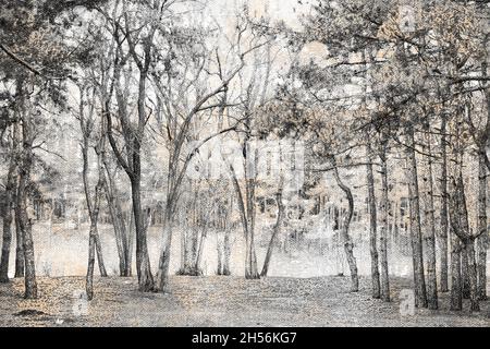 Une forêt d'hiver vide.Troncs de feuillus et de conifères.Monochrome avec des teintes roses douces.Aquarelle numérique. Banque D'Images