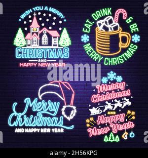 Ensemble de Merry Christmas et Happy New Year Neon signe avec une tasse de chocolat chaud, église catholique, arbre de noël, traîneau avec cerf.Vecteur.Vintage Illustration de Vecteur