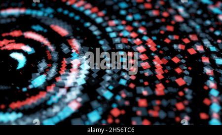 Abstrait cercles de néon lumineux composés de petites figures géométriques multicolores et se déplaçant chaotiquement dans l'obscurité.Danse disco et musique électronique Banque D'Images