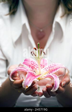 femme en robe blanche tenant le lys rose fleur comme le bien-être et le yoga et le concept de reiki Banque D'Images
