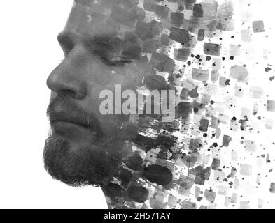 Un portrait noir et blanc d'un homme européen combiné à divers traits d'aquarelle dans une technique de la peinture. Banque D'Images