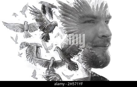 Peinture.Portrait créatif d'un jeune homme combiné à une peinture aquarelle d'oiseaux volants. Banque D'Images