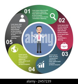 élément vectoriel en 5 étapes en cinq couleurs avec étiquettes, diagramme d'infographie. Concept d'affaires de 5 étapes ou options avec homme d'affaires . Illustration de Vecteur