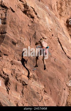 Un alpiniste sportif en plomb tombe du mur appelé le Théâtre près de Moab, Utah. Banque D'Images