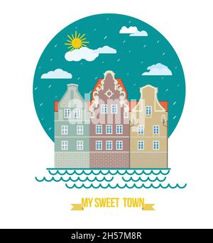 La vieille ville européenne classique abrite le paysage bâtiments et façades Journée ville chaleureuse rue plat style design Illustration de Vecteur