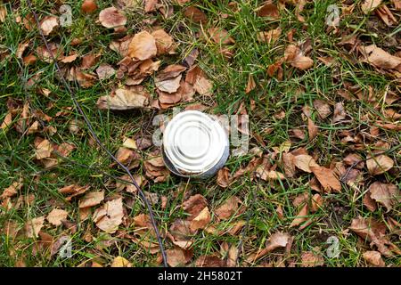 Boîte d'étain sur l'herbe en gros plan, pollution de l'environnement Banque D'Images