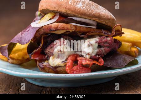 hamburger de porc tiré avec des frites Banque D'Images