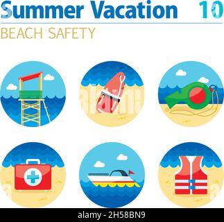 Ensemble d'icônes vectorielles de sécurité de plage de secouriste.Heure d'été.Vacances Illustration de Vecteur