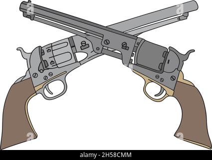 Le dessin à la main vectorisé de deux pistolets de poing américains vintage Illustration de Vecteur