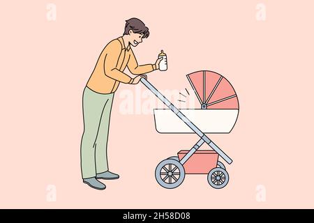 Concept de paternité et de parentalité heureux.Jeune homme souriant père marchant avec son bébé dans la poussette tenant le lait dans le biberon dans les mains illustration vectorielle Illustration de Vecteur