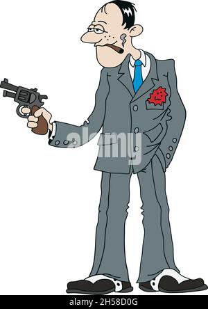 Le dessin à la main vectorisé d'un gangster drôle avec un pistolet à la main Illustration de Vecteur