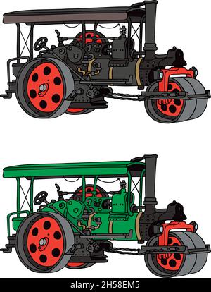 Le dessin à la main vectorisé de deux galets de route à vapeur vintage Illustration de Vecteur
