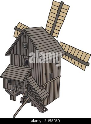 Le dessin à la main vectorisé d'un ancien moulin à vent en bois Illustration de Vecteur
