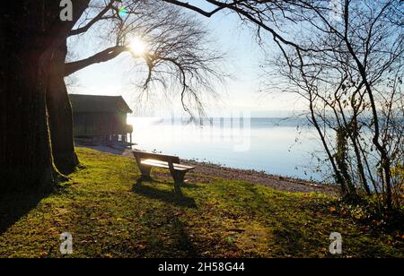 Un banc en bois près du lac Ammersee à Herrsching, Bavière au coucher du soleil un jour de décembre clair (Allemagne) Banque D'Images