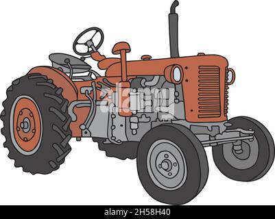 Le dessin à la main vectorisé d'un petit tracteur rouge vintage Illustration de Vecteur