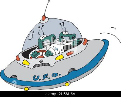 Le dessin à la main vectorisé de deux extraterrestres drôles dans une soucoupe volante Illustration de Vecteur