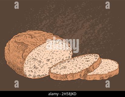 Tranches de pain sur fond de marron foncé.Produits frais et chauds.Design pour la cuisson et la restauration.Illustration vectorielle dessinée à la main Illustration de Vecteur