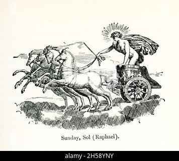 Cette illustration montre le dieu solaire romain sol dans son char tiré par quatre chevaux.Il date de 1695, une gravure de Lasinio, à la suite d'une cocarde dans la peinture de plafond (sur la base de dessins de Raphaël) de la Sala Borgia au Vatican qui est basée sur des dessins de l'artiste italien Raphaël en 1516. Banque D'Images