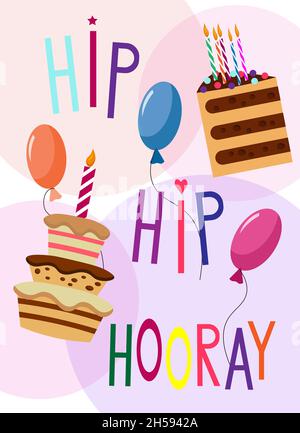 Affiche - Hooray hanche, gâteau, bougies et ballons.Affiche de fête pour les fêtes d'anniversaire et autres fêtes. Illustration de Vecteur