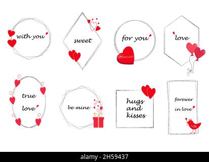 Ensemble de cadres festifs avec coeurs rouges et lettres.Pour la Saint-Valentin. Illustration de Vecteur