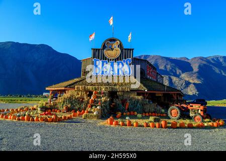 Keremeos, Colombie-Britannique, Canada - le 30 septembre 2021 : porte-fruits et marché agricole et arrangement de courges d'hiver célébrant le Banque D'Images