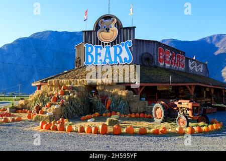 Keremeos, Colombie-Britannique, Canada - le 30 septembre 2021 : porte-fruits et marché agricole et arrangement de courges d'hiver célébrant le Banque D'Images