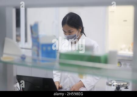 Femme scientifique asiatique travaillant sur ordinateur portable dans le laboratoire Banque D'Images
