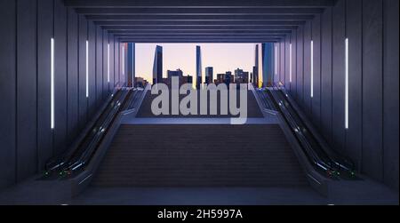 Escaliers et escaliers roulants depuis le métro vers le haut dans la ville urbaine moderne.rendu 3d Banque D'Images