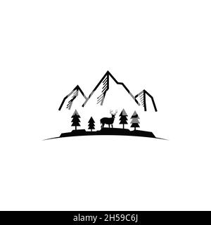 Simple logo de montagne avec style art de ligne et une sensation plus sauvage dans la forêt. Illustration de Vecteur