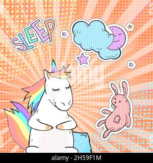 Adorable licorne, lune, lapin jouet et autocollant avec texte SOMMEIL.Arrière-plan vectoriel pop art.Affiche, carte de vœux ou invitation en style comique. Illustration de Vecteur
