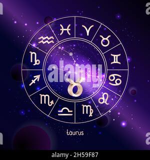 Illustration vectorielle du signe 3D et de la constellation TAUREAU avec Horoscope cercle sur le fond de l'espace avec la galaxie.Symboles sacrés de couleur or. Illustration de Vecteur