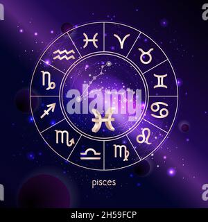 Illustration vectorielle du signe 3D et de la constellation PISCES avec Horoscope cercle sur le fond de l'espace avec galaxie.Symboles sacrés de couleur or. Illustration de Vecteur