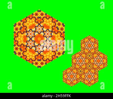 Carreaux hexagonaux mexicains éclatants sans couture isolés sur fond vert, arrière-plan abstrait généré par ordinateur, rendu 3D Banque D'Images