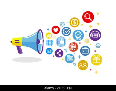 Concept de marketing numérique avec mégaphone, icône de marketing en ligne sur les médias sociaux Illustration de Vecteur