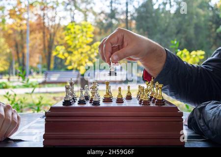 Jouer aux échecs en plein air dans le parc d'automne. Banque D'Images