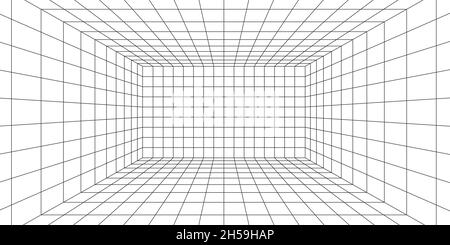 salle de grille filaire 3d.grille laser de perspective 3d.Arrière-plan blanc du cyberespace avec maillage noir.Espace de couloir numérique futuriste en réalité virtuelle Illustration de Vecteur
