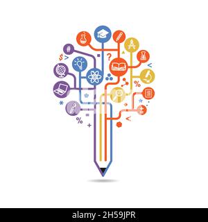 arborescence des connaissances.Le concept des sciences de l'apprentissage.L'abstraction des icônes sur le sujet de l'enseignement.Forme de symbole d'école d'un arbre Illustration de Vecteur