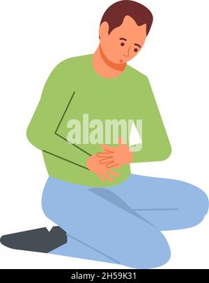 Malade l'homme a tenu son estomac.Caractère avec douleur abdominale.Conception de concept de syndrome du côlon irritable ou d'empoisonnement.Rapport d'illustration du vecteur d'illustration plat Illustration de Vecteur