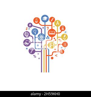 arbre de vecteur de connaissance.Le concept des sciences de l'apprentissage.L'abstraction des icônes sur le sujet de l'enseignement.Forme de symbole d'école d'un arbre Illustration de Vecteur