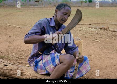 Afrique, Tanzanie, 1976.Le village d'Ujamaa Maasai les gens vivent encore dans leurs maisons traditionnelles.Un homme porte un bâton avec une machette. Banque D'Images