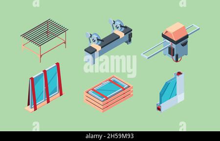 Installation de la fenêtre.Rénovation de l'intérieur de l'employé isométrique avec des fenêtres modernes en plastique pvc fixer portes placoplâtre grenat illustrations vecteur ensemble Illustration de Vecteur