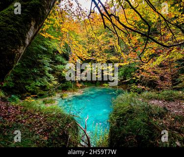 Forêt bleu turquoise lac avec des pierres de marbre blanc et des cascades dans le Parc naturel Urbasa-Andia, Urederra. Banque D'Images