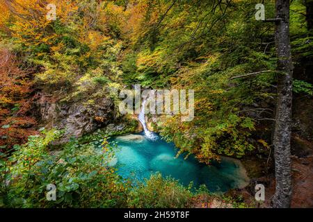 Forêt bleu turquoise lac avec des pierres de marbre blanc et des cascades dans le Parc naturel Urbasa-Andia, Urederra. Banque D'Images